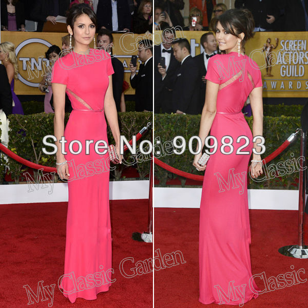 2013 Grammy Awards Nina Dobrev Round O-Neck Short Sleeves Column Pink Slit Keyhole Celebrity Dresses Gowns  2013 Fashion