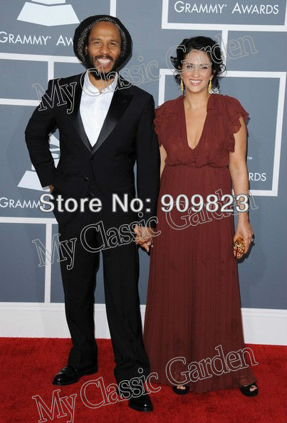 2013 Grammy Awards Ziggy Marley Deep V Neck Rounded Sleeves Evening Celebrity Dresses Gowns 2013 Fashion New