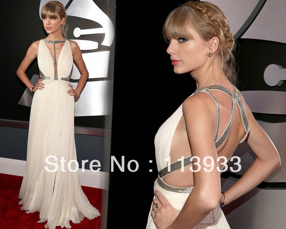 2013 Grammy New Arrival Designer Fashion Sexy Wholesale White Open Back Celebrity Evening Dress Gowns Custom Made