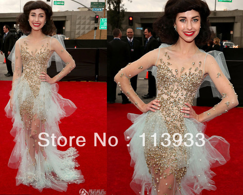 2013 Grammy New Arrival Fashion Sexy Wholesale Transparent Pearl Beaded Long Sleeve Celebrity Evening Dress Gowns Custom Made