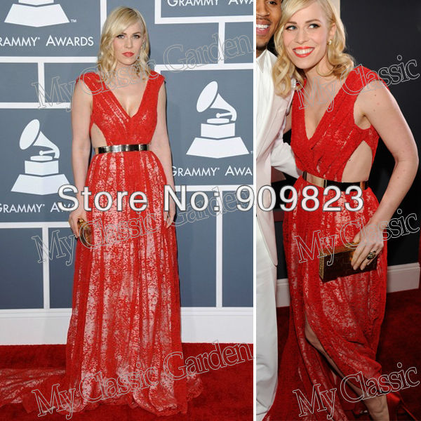 2013 Grammys Rihanna Deep V Neck Cap Sleeves White Lining Red Lace Formal Evning Celebrity Dresses Gowns 2013