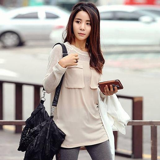 2013 Han Edition Loose Stylish Shirt Solid Color Stitching Long Sleeve Shirt Pocket Sets Head T Shirt YZ17399