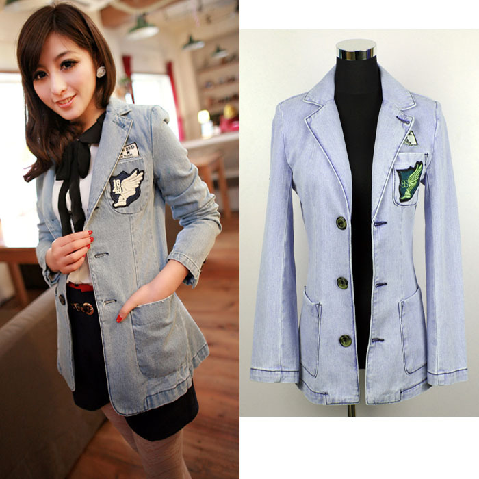 2013 Han edition vintage women denim outerwear slim medium-long slim denim suit small western style Free shipping