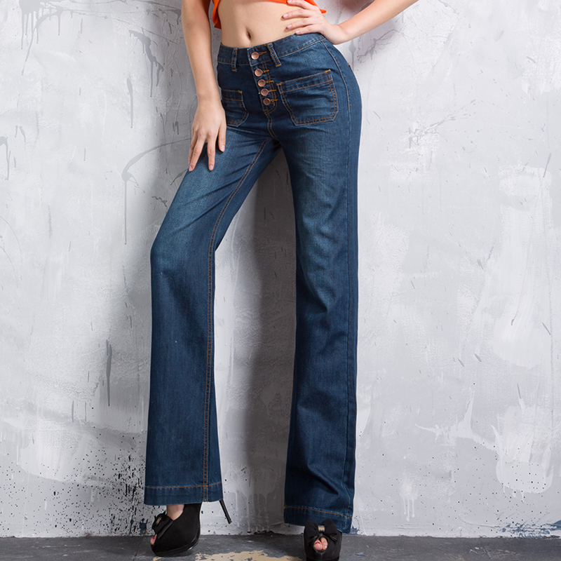 2013 high waist big horn buttons denim wide leg pants female fashion loose casual plus size women's long trousers