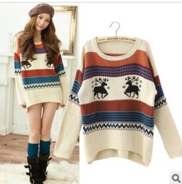 2013 Hitz Korean Women loose deer pattern size bat sleeve sweater coat 5 Color