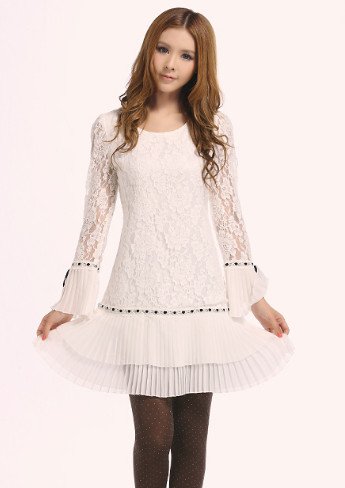 2013 Hitz wild lace chiffon pleated dresses long-sleeved dress women