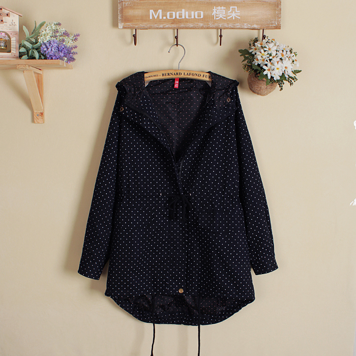 2013  hm women's loose casual cute dot long-sleeve medium-long tooling slim waist trench female outerwear