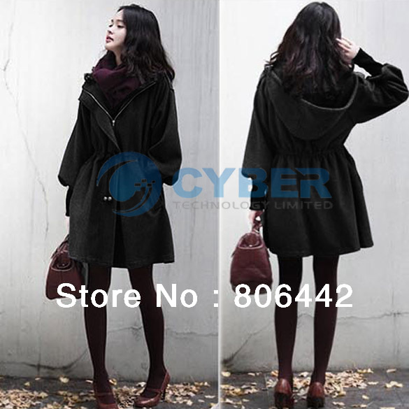 2013 Hot Fashion Winter Women's Long Puff Sleeve Hooded Trench Coat Outerwear Black 3Sizes Free Shipping 7561