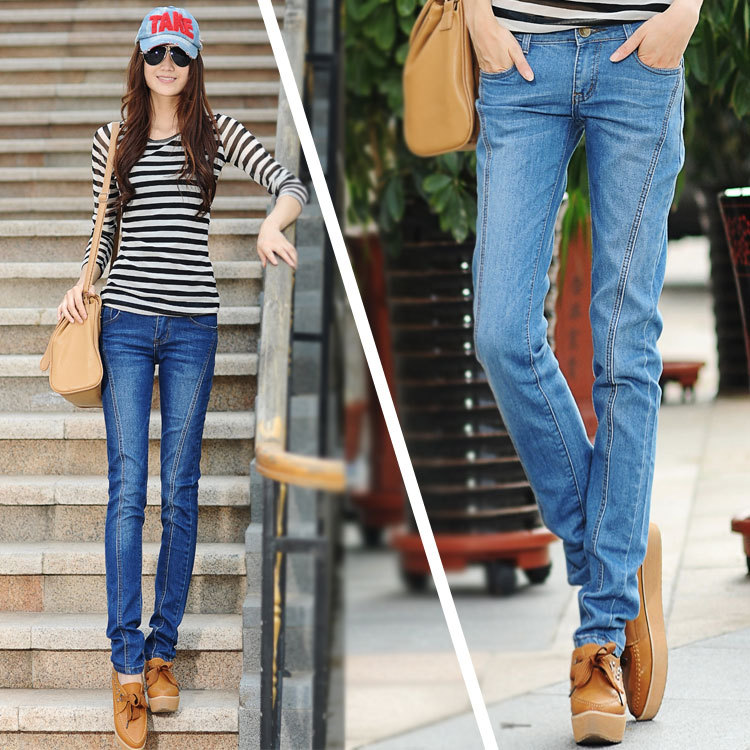 2013 Hot Fashion Women's Retro Waterwash Casual Jeans Pants Straight Skinny Pencil Denim Trousers Blue