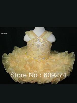 2013 Hot New Arrival Pretty Halter Short Pageant Dress Yellow A line Beading About Knee Mini Organza Flower Girl Dress