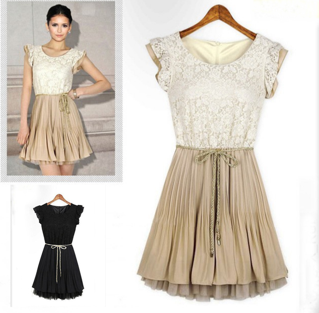 2013 HOT NEW Lady S-XXL Elegant Lace Chiffon Patchwork Girdle Waist Dress Tiered Butterly Sleeve Sweet