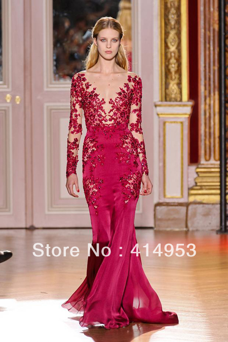 2013 Hot New Sexy V Neck Long Sleeves Lace Applique Beaded Red Chiffon Trumpet Zuhair Murad Evening Dresses