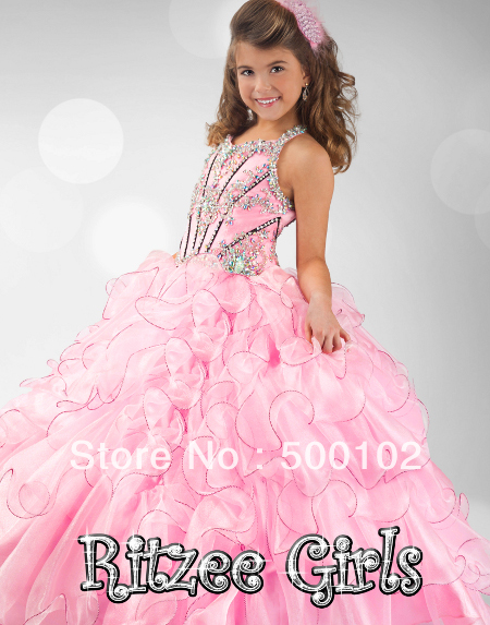 2013 Hot Pink Latest Ball Gown Jewel Floor Length Rhinestones Colorful Beaded Ruffled Tiered Organza Kids Girls Evening Dresses