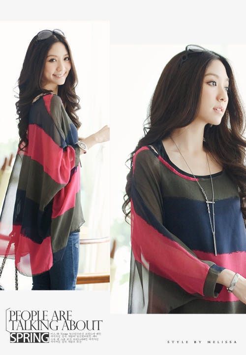 2013 Hot Sale Color striped batwing sleeve Blouses upper garment +  vest  two-Piece A027