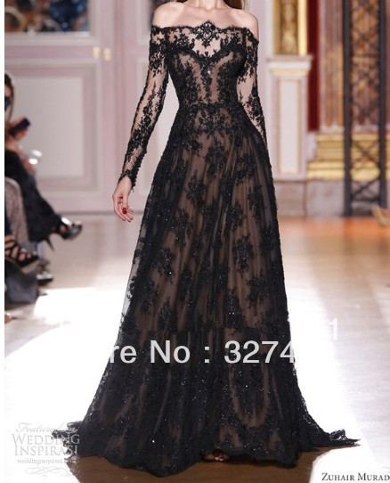 2013 Hot Sale Cutom Made Elegent Zuhair Murad Dresses For Sale Off The Shoulder Black Lace Long Sleeve Prom Evening Dresses