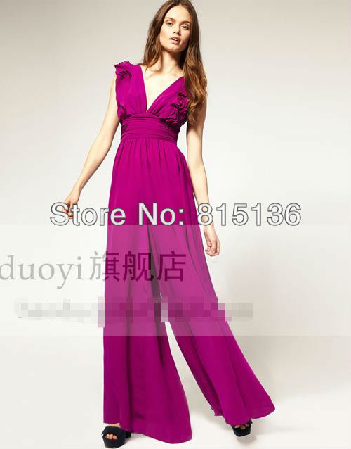 2013 Hot sale haoduoyi sexy deep V lotus edge jumpsuit chiffon jumpsuit high waist Jumpsuit,European & American style