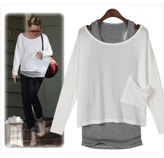 2013 Hot Sale Japan 2 pcs women cotton Long Sleeve loose T-shirt Vest Pregnant Tops Blouse Free Shipping