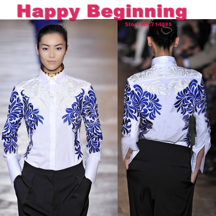 2013 hot sale New fashion elegant vintage print blouses peter pan collar long-sleeve shirt tunics tops white Baroque style D04