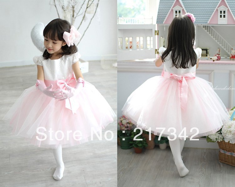 2013 Hot Sale Wholesaler Retail Double Straps White Pink Satin Tulle Bow Flower girl Dress 2