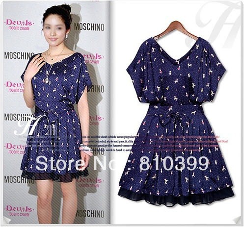 2013 Hot Sell Fashion Women's Chiffon Dress Mini Casual Wear V Collar Bat Sleeve Pleated Dress Freeshipping#D046