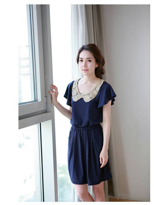 2013 Hot Sell Women/Lady 9 Size Plus Summer Spring Cotton Blends O-neck Knee-Length Short Sleeve Blue Colors Dress