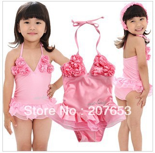 2013 hot selling branded kids swimwear high quality girls cojoined twins pink swimwear with flower  +hat for  2-7years