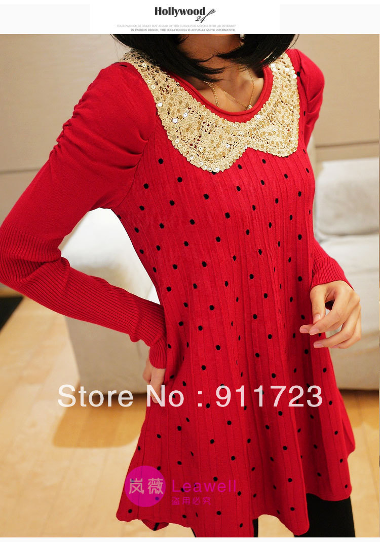2013 Hot Selling New Fashion Plus Size Dot Design Long Style Pullover For Women/Puff Sleeve Sweater For Women Free Shipping