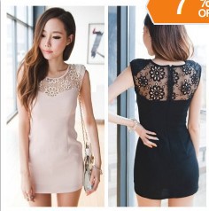 2013 Hot Selling Summer Fashion Trendy Women Clothing Slim Back Embroidered  Sleeveless O-Neck Pink Black Lace Casual Dress