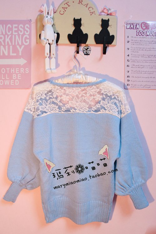 2013 Hot Selling! Vivi magazine sweet women's lantern sleeve bat cutout back lace sweater Free Shipping!