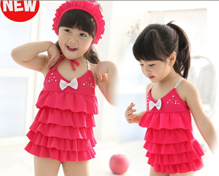 2013 hot selling vivo-biniya brand kids SPF swimwear high quality girls red cake swimsuit with knotbow +hat for  3-7years