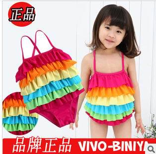 2013 hot selling vivo-biniya brand kids swimwear high quality girls rainbow stripe cake swimsuit  for  4-8years