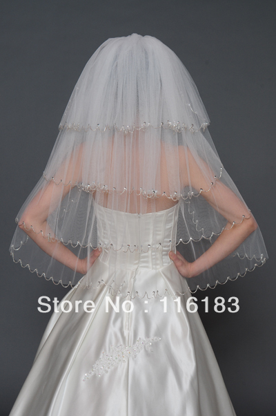 2013 Ivory Cheap 1T Wedding Bridal  Party Evening Pearls long Party Scallop Edge Veil