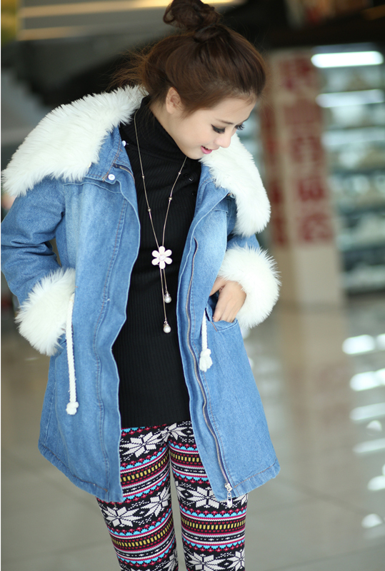 2013 jeans coat new winter detachable increase women jacket lambs wool collar  thicker denim jeans coat cotton female jacket