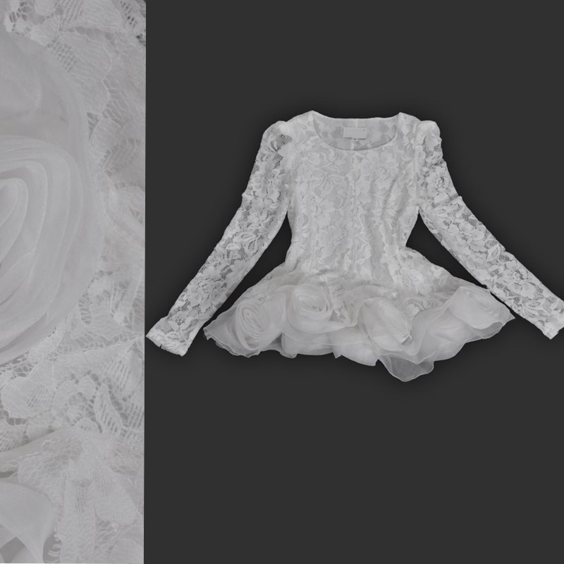 2013 JORYA spring tantalising vintage white lace shirt princess top three-dimensional plate flower pullover