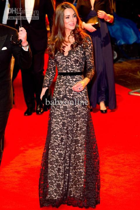 2013 Kate Middleton Lace Black Dresses Long Sleeve V-Neck Floor Length Evening Celebrity Dresses