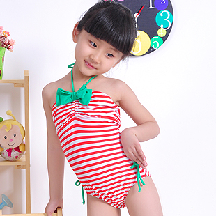 2013 Kid's Hot Beachwear Cute Girls Lovely Bow Swimsuit One-piece Stripe Kids Swimwear Halter Dress Swimwear