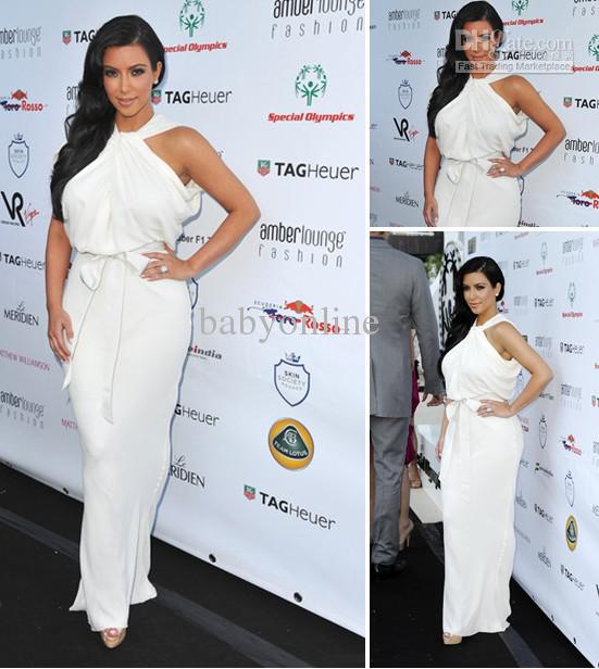 2013 Kim Kardashian Engagement Pencil Skirt White Halter Chiffon Celebrity Dresses Prom Dresses