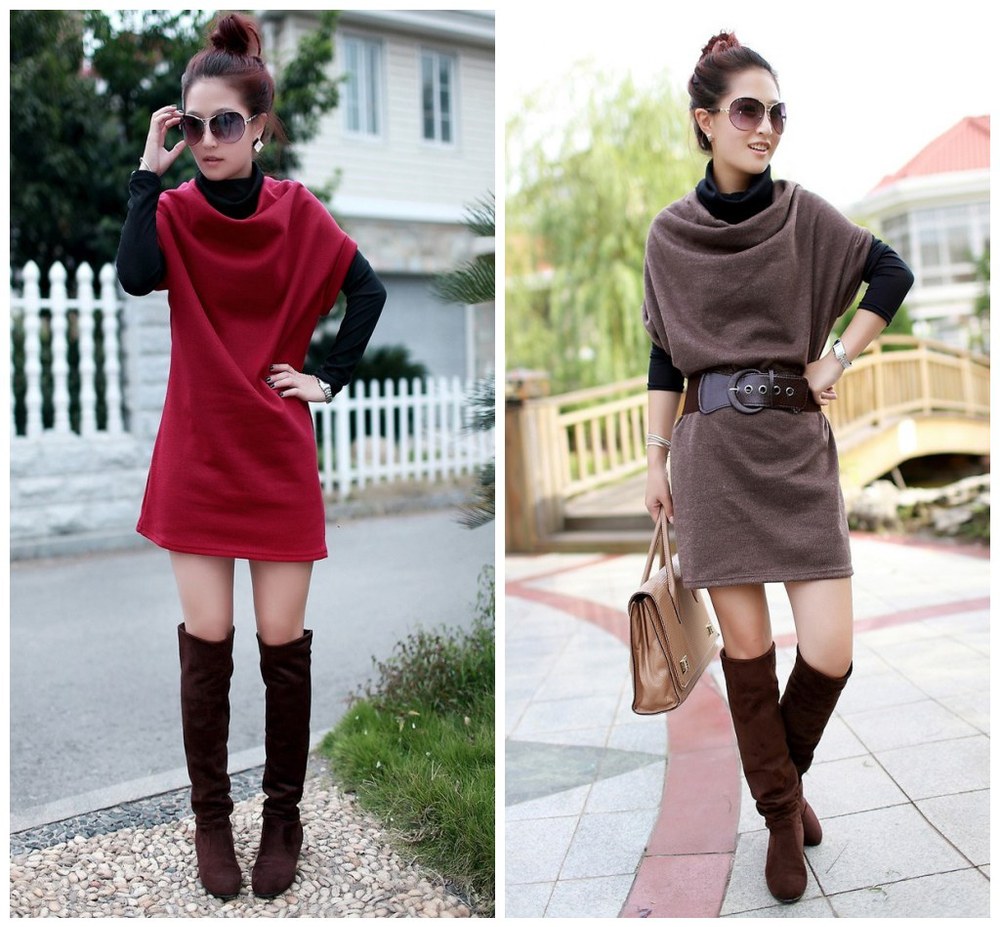 2013 Koran Stylished Spring Autumn Woman Turtleneck Long sleeves Two pieces Flannel Dress Five candy colors Belted Mini Dress