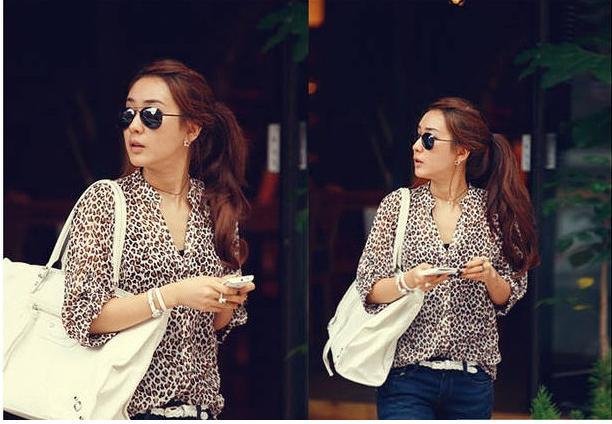 2013  Korea style leopard print  shirt  V Neck turn-up cuff thin long sleeve  for ladies Free shipping  MYA003