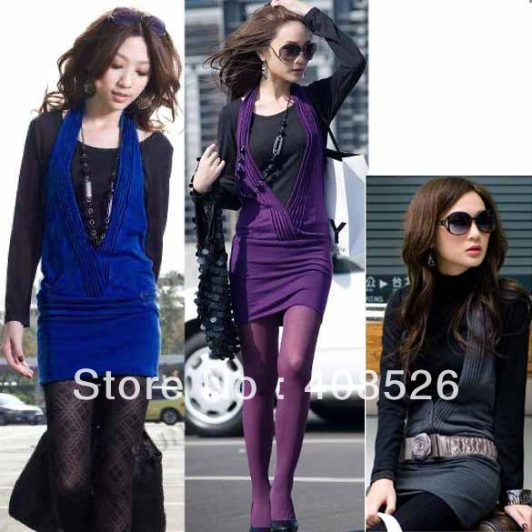 2013 Korean Fashion Women's Cotton Slim False Two-Piece Long Sleeve Dress 3 Colors Free shipping 9479