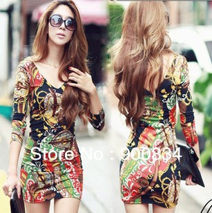 2013  Korean Newest Sexy Dress Charming Slim Printing Flowers Mini Dress Sexy Club Dress Free Shipping