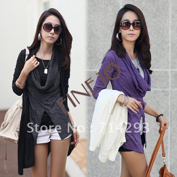 2013 Korean Style Women's Double Pocket Pullover Sweater False Twinset Lotus Leaf Collar Design free shipping 8177