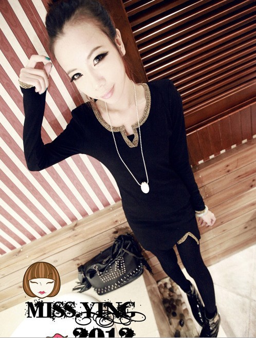 2013 Korean version of spring ladies split solid color gold-rimmed decorative thread Slim primer shirt long-sleeved T-shirt