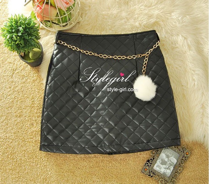 2013 Korean women's lattice all-match leather skirt winter skirt black bag hip skirt with rabbit fur belt