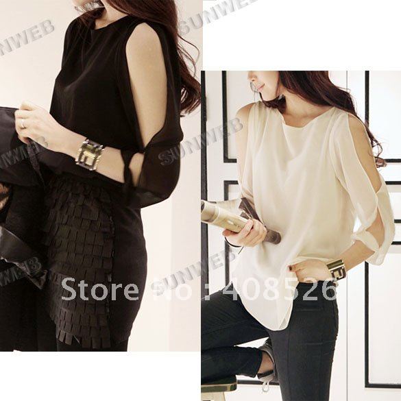 2013 Korean Womens Fashion Cut Out Open Shoulder Loose Shirt Chiffon Blouse Tops free shipping 3786