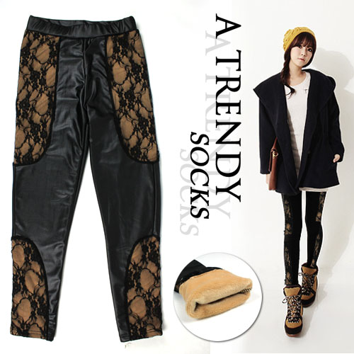 2013 Lace Patchwork Slim Elastic Faux Leather Pants Plus Velvet Thickening Warm Legging