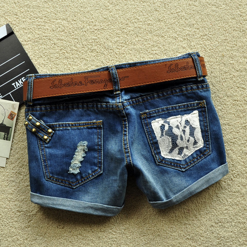 2013 Lace Pocket Rivet Ornament Denim Short Plus Size Women Blue Jeans free shipping