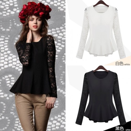 2013 Ladies Long Sleeve Slim Waist Ruffle Undulating Hem Basic Lace Blouse Tops/Black White/Size M L/Free Shipping/C245