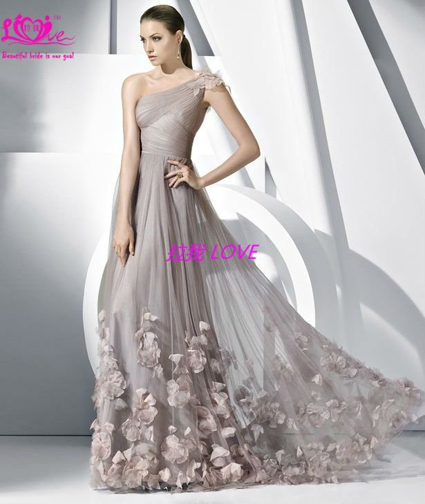 2013 ladies popular dress a line one shoulder appliques tulle prom&evening gowns dresses
