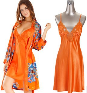 2013 ladies women's silk satin sleepwear sexy spaghetti strap orange bath bed  robes wear set lace temptation homewear 025